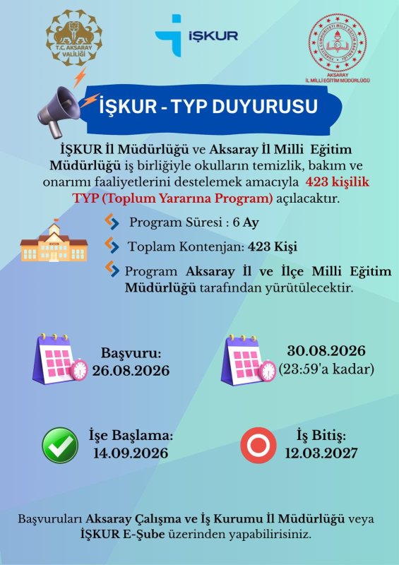 Aksaray’da 423 Kişiye 6 Aylık İstihdam Fırsatı